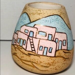 Southwestern 24k Gold Trim etched Ceramic pot Pueblo image signed